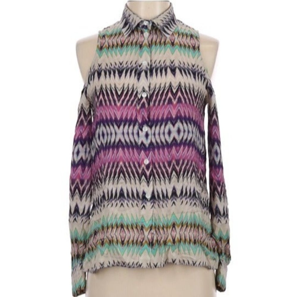 Parker Printed Silk Cold Shoulder Keyhole Cut-out Blouse S